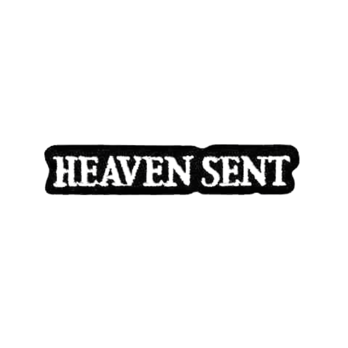 The LaughingLizards HEAVEN SENT Namedrop Iron On Patch 3-Pack features black rectangular patches with bold white "HEAVEN SENT" text in a serif font—ideal for DIY accessories.