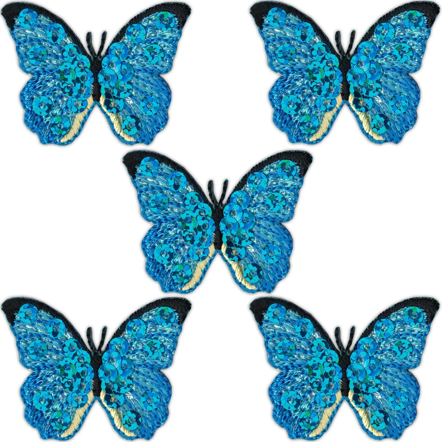 Five blue sequined butterfly insect patches from Laughing Lizards, sold as a 5-pack, feature vibrant embroidery and iron-on backing, perfect for decorating clothing or accessories.