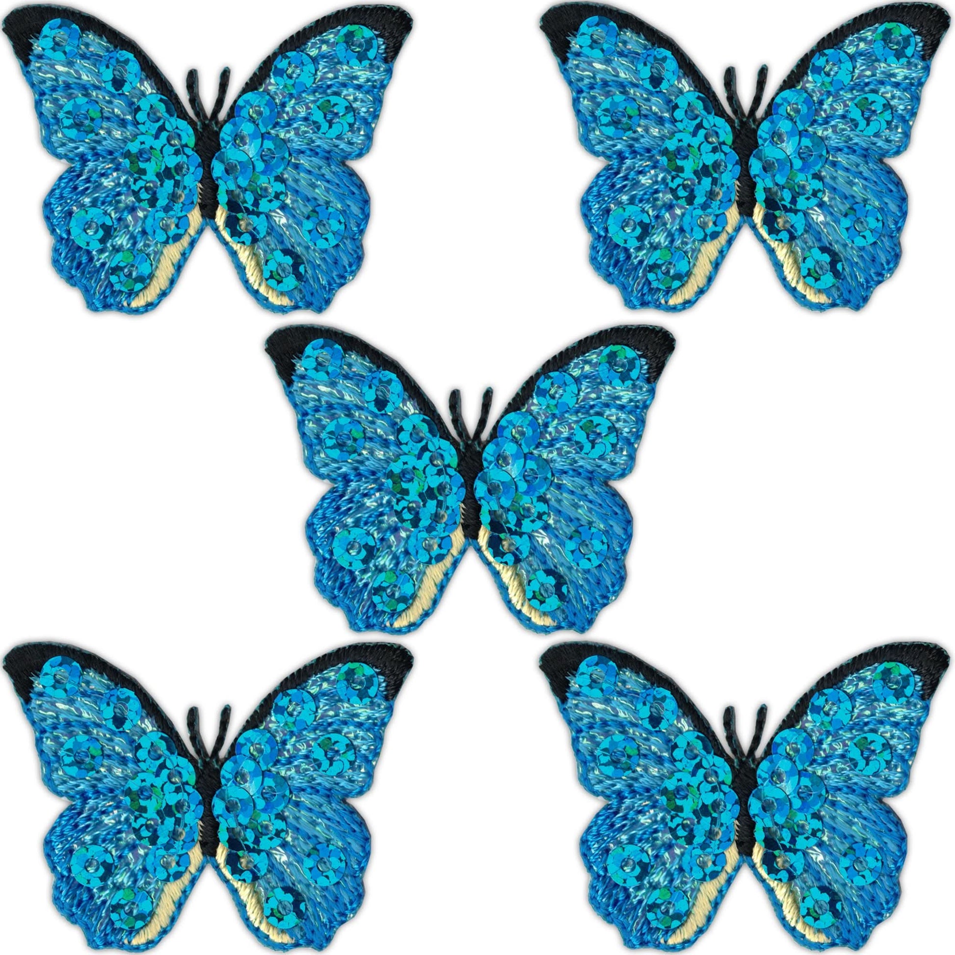 Five blue sequined butterfly insect patches from Laughing Lizards, sold as a 5-pack, feature vibrant embroidery and iron-on backing, perfect for decorating clothing or accessories.