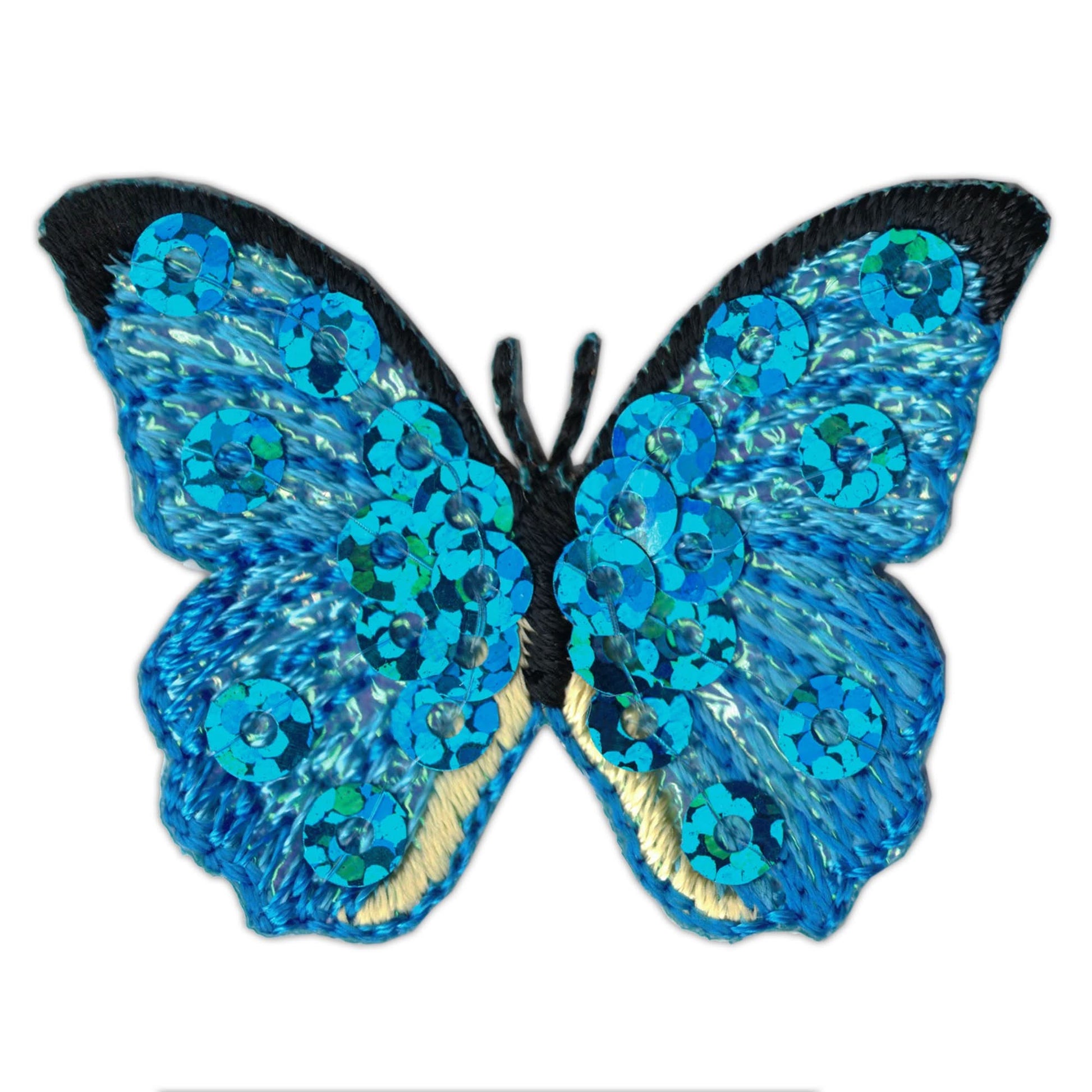 The Laughing Lizards Blue Sequined Butterfly Insect Iron On Patch (5-Pack) features embroidered wings and sequins, perfect for adding sparkle to your items. Displayed on a white background.