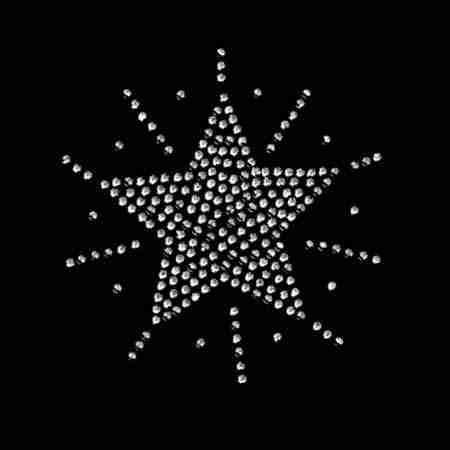 A Small CLEAR Rhinestone Solid Star with Bursts Iron On Applique on a black background.
