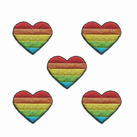 Four Rainbow Heart Patches (5-Pack) Heart Embroidered Iron On Patch Appliques on a white background.