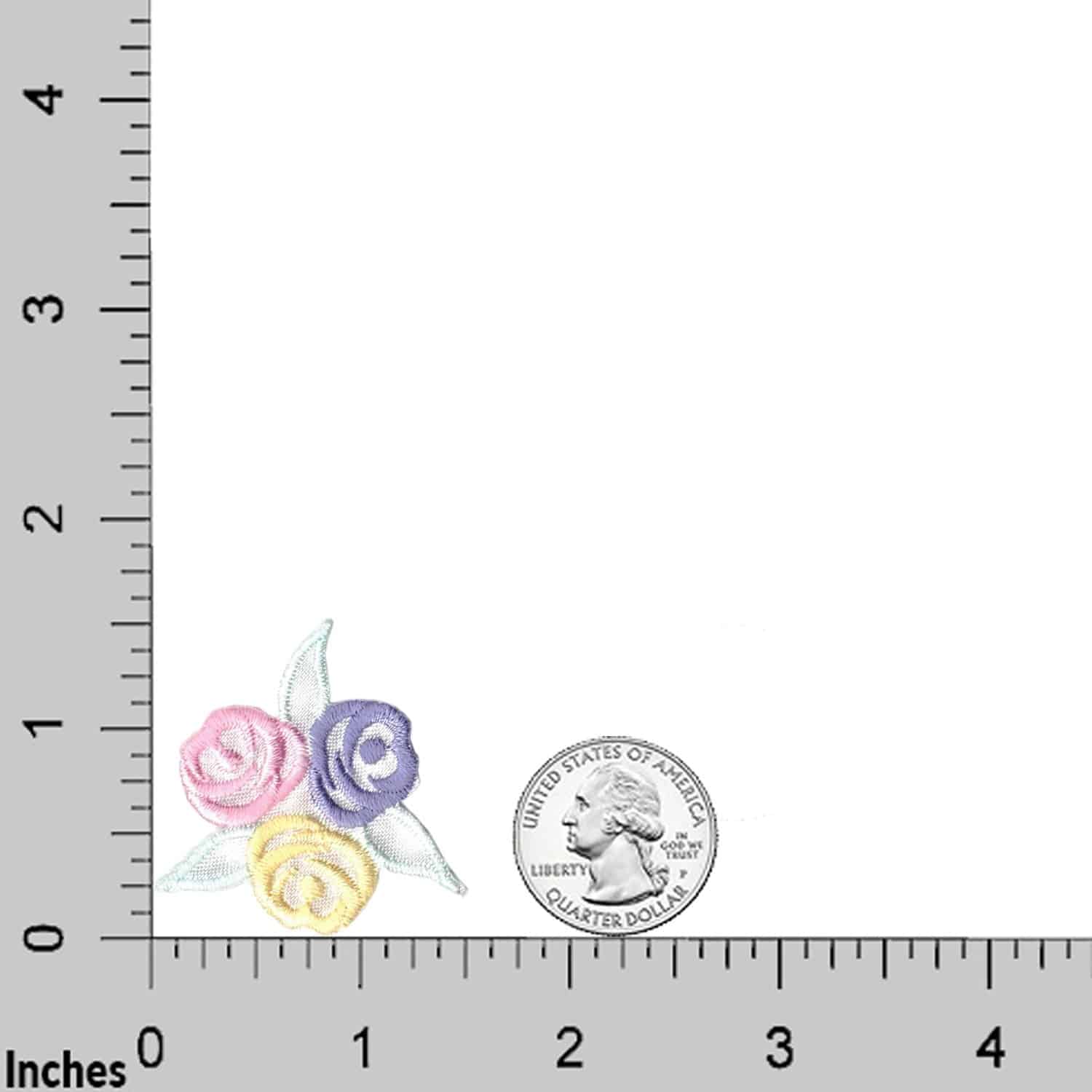 A ruler next to a coin with the Pastel Rose Bud Patches (5-Pack) Flower Embroidered Iron On Patches Appliques on it.