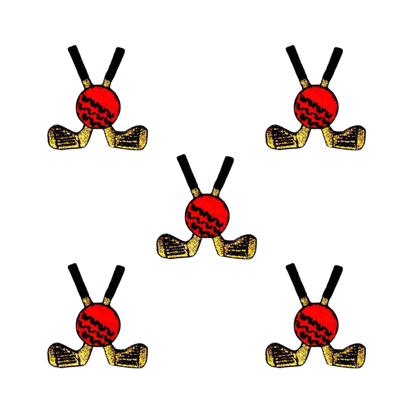 A set of Golf Clubs with Ball Patches (5-Pack) Sport Embroidered Iron On Patch Applique with a red ball in the middle.