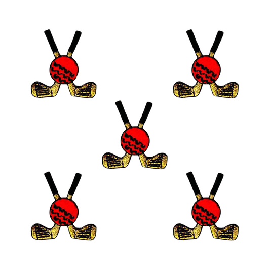 A set of Golf Clubs with Ball Patches (5-Pack) Sport Embroidered Iron On Patch Applique with a red ball in the middle.