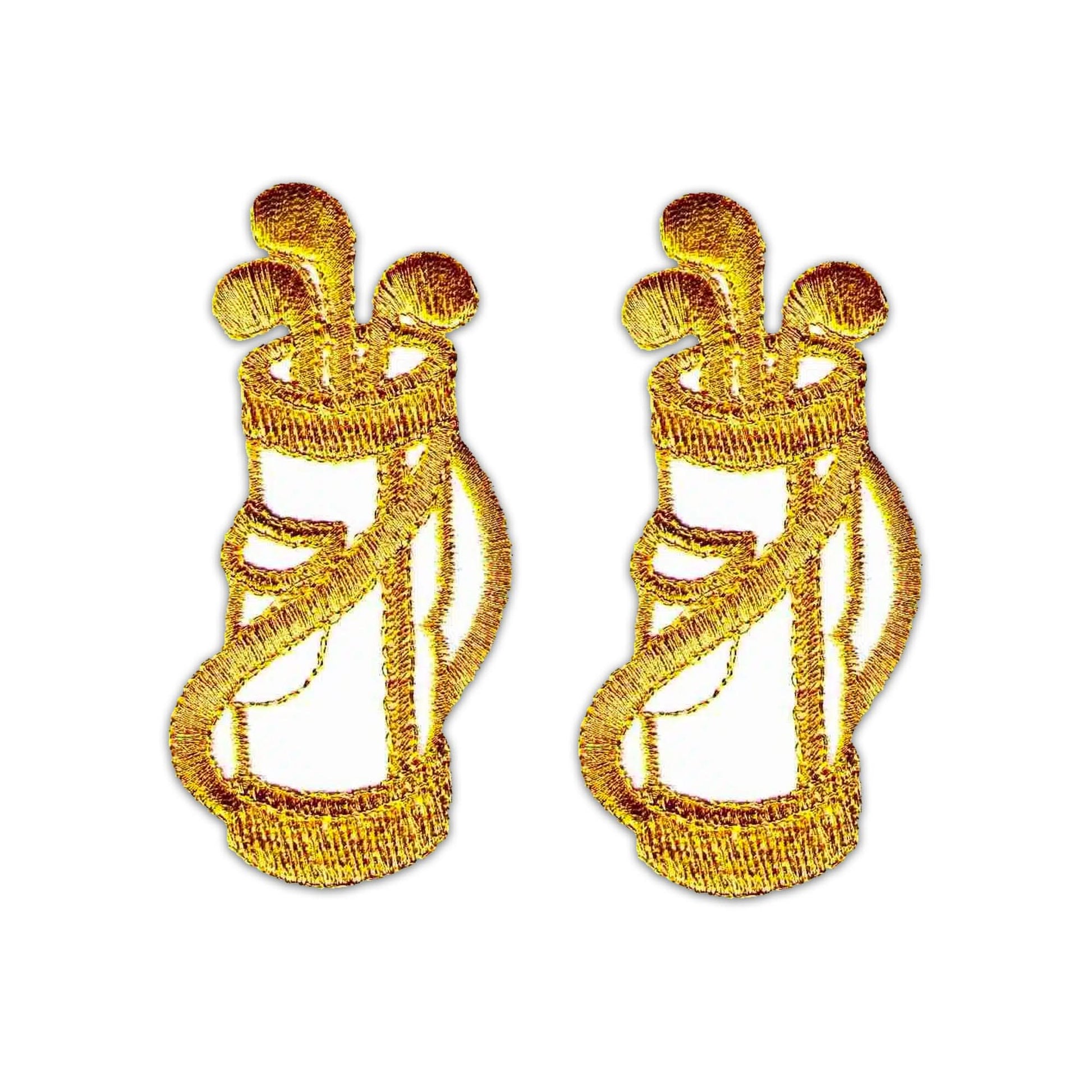 The Laughing Lizards Metallic Golf Bag and Clubs Iron On Patch 2-Pack features gold and white embroidered patches, each showing a golf bag with clubs, displayed side by side on a white background. Also available in silver/black.