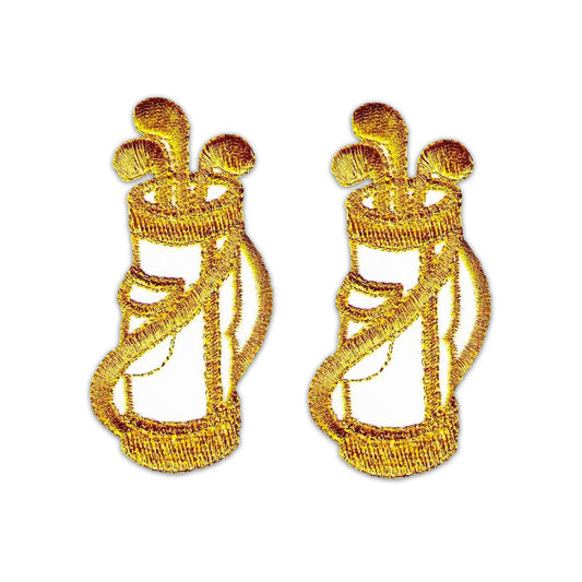 The Laughing Lizards Metallic Golf Bag and Clubs Iron On Patch 2-Pack features gold and white embroidered patches, each showing a golf bag with clubs, displayed side by side on a white background. Also available in silver/black.
