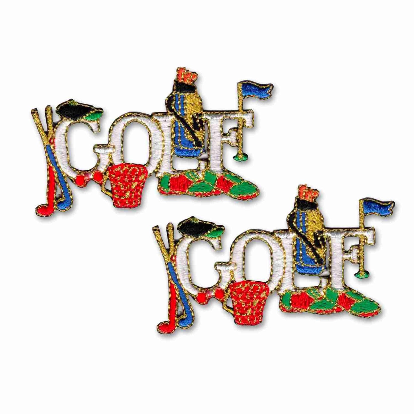 Two Golf Patches (2-Pack) GOLF Embroidered Iron On Patch Appliques on a white background.