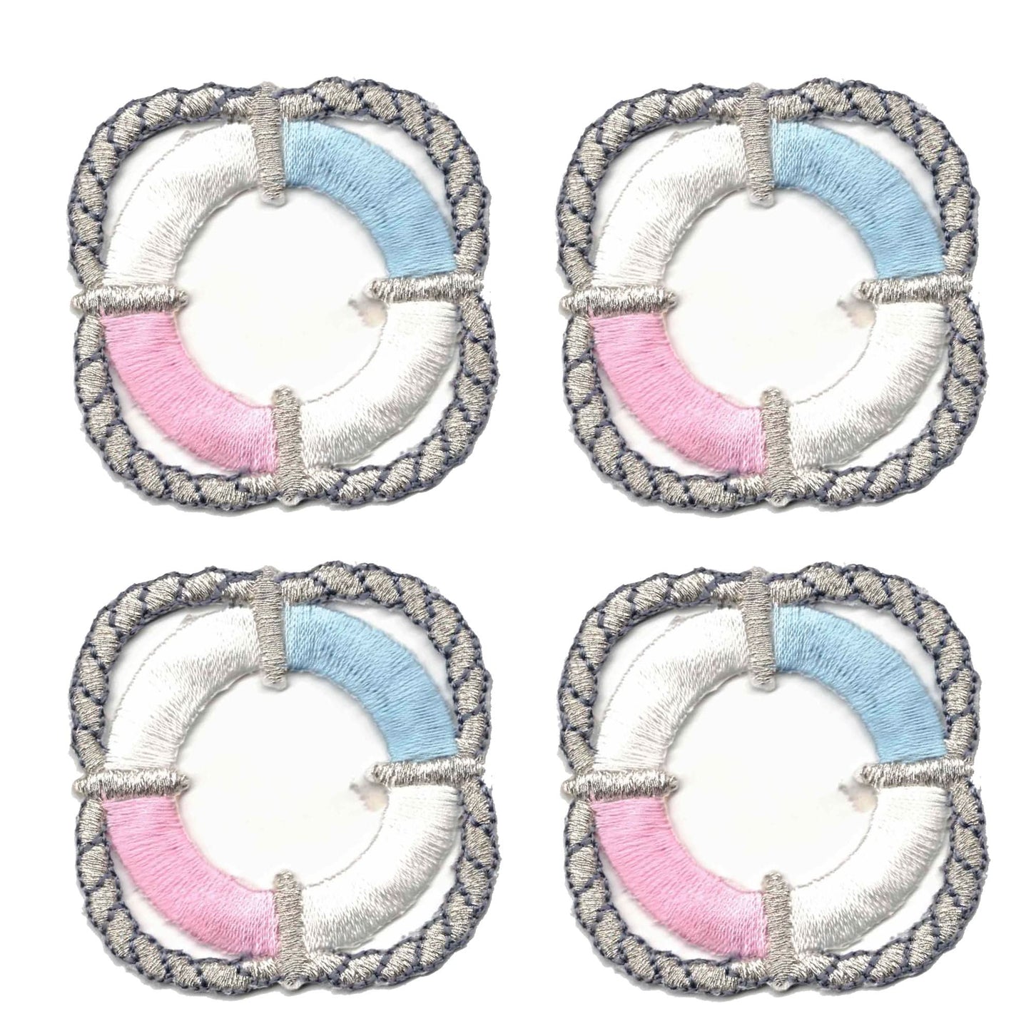 The Laughing Lizards Lifesaver Ring (4-Pack) Nautical Iron On Patches feature pink, white, and blue lifebuoy shapes with gray rope details, arranged in a 2x2 grid on a white background.