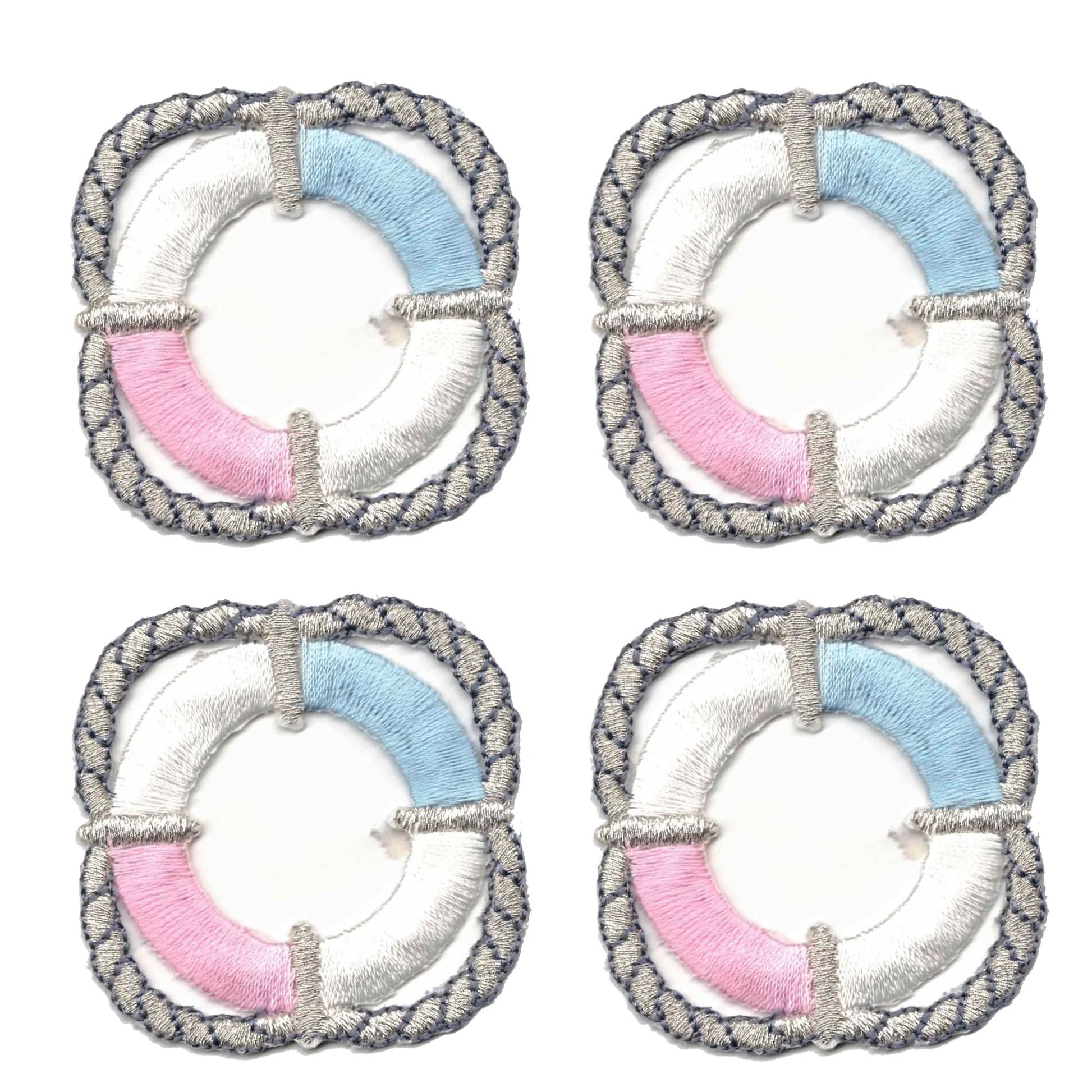 The Laughing Lizards Lifesaver Ring (4-Pack) Nautical Iron On Patches feature pink, white, and blue lifebuoy shapes with gray rope details, arranged in a 2x2 grid on a white background.