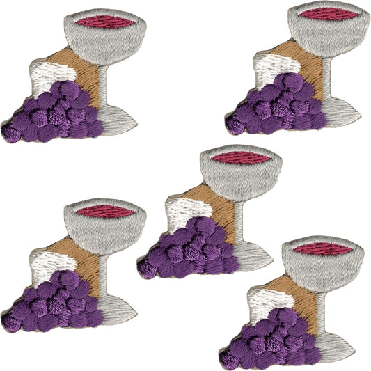 Set of five Laughing Lizards Bread Wine & Grapes Communion Patches—iron-on, featuring a silver chalice with red wine, purple grapes, and bread—ideal religious accents for First Communion celebrations.