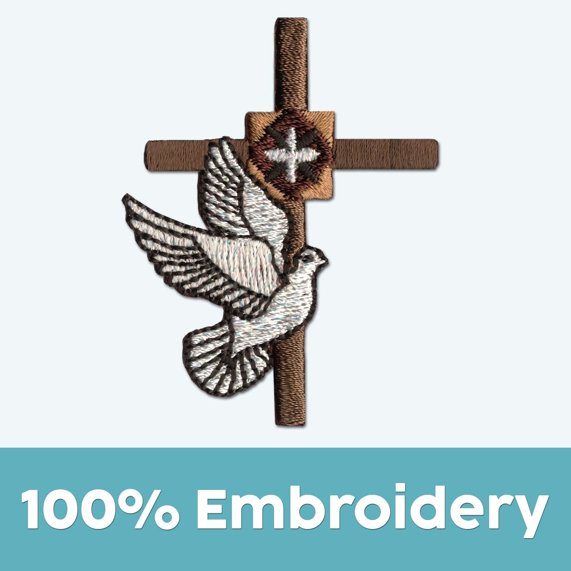 The Laughing Lizards Cross with Dove Patches (5-Pack) features a brown cross, white dove, and "100% Embroidery" text. Perfect religious iron on applique for jackets or bags.