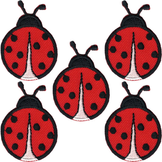 Five Small Ladybug Patches (5-Pack) by Laughing Lizards are embroidered in red and black, arranged charmingly on a white background. Perfect iron-on insect appliques for adding a cute touch to your items.