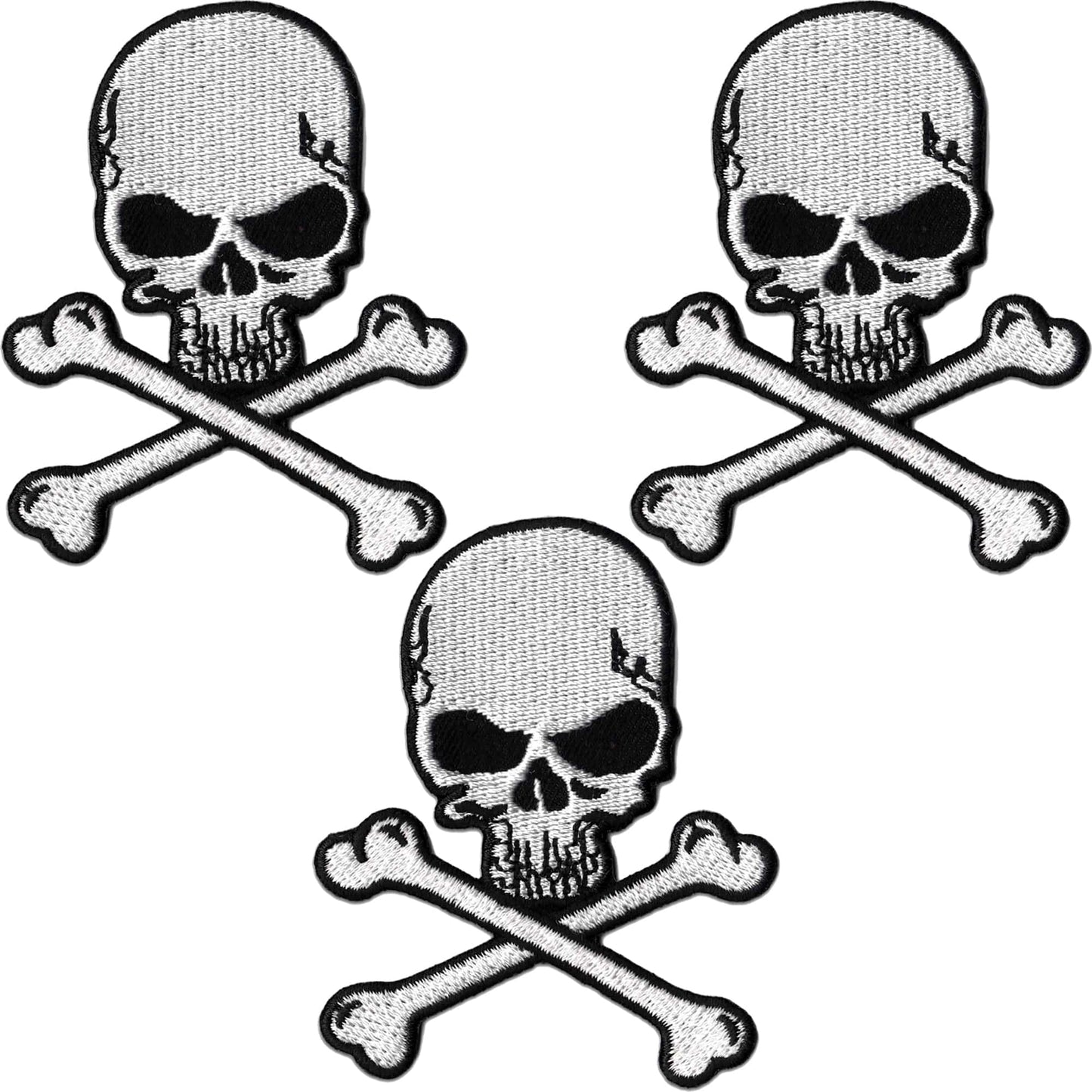 Three Skull and Crossbones Patches (3-Pack) appliqued embroidered iron-on patches.