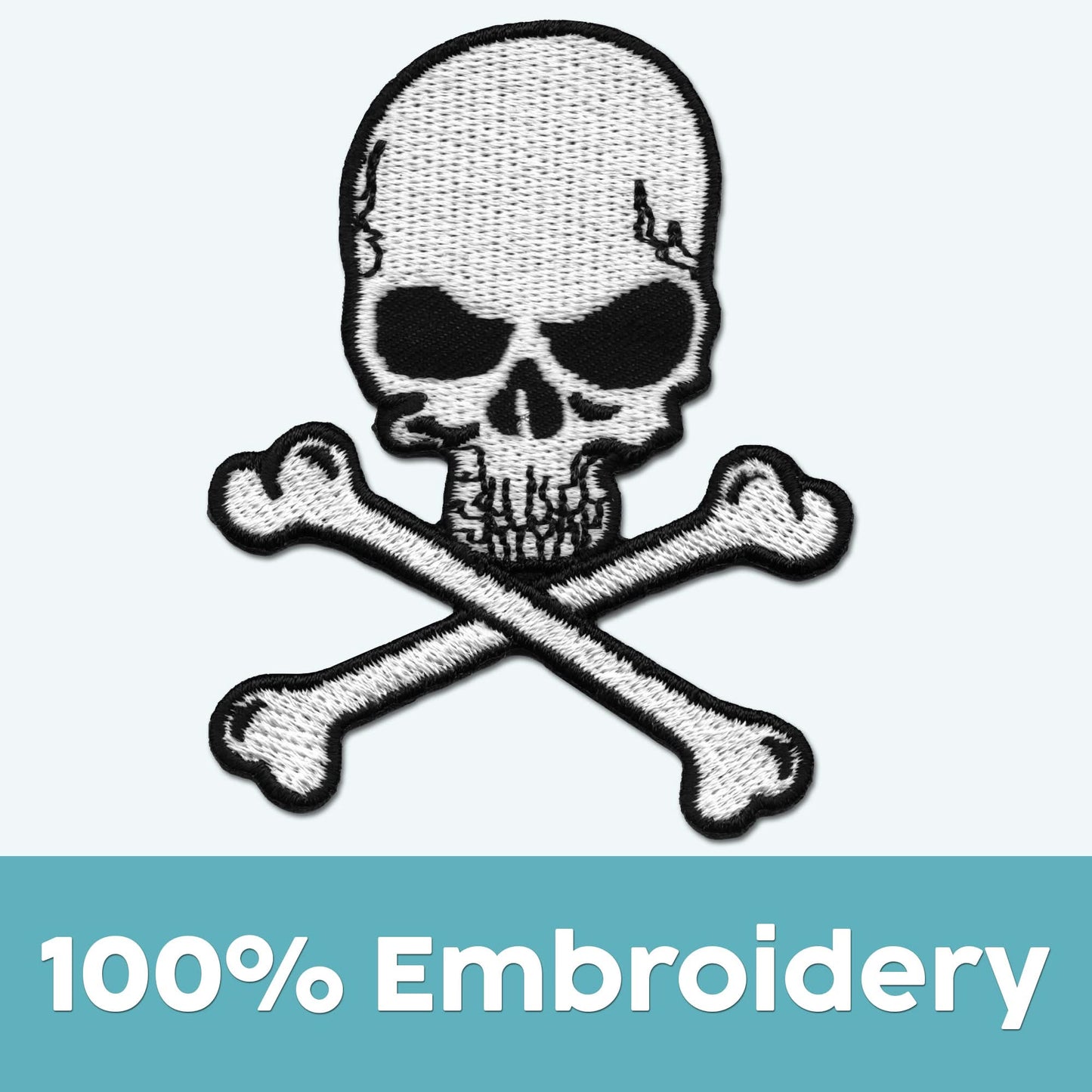 Laughing Lizards’ Skull and Crossbones Patches (3-Pack) feature black and white embroidery, shown above "100% Embroidery" on a teal background—ideal iron on appliques for customizing any DIY craft accessory.