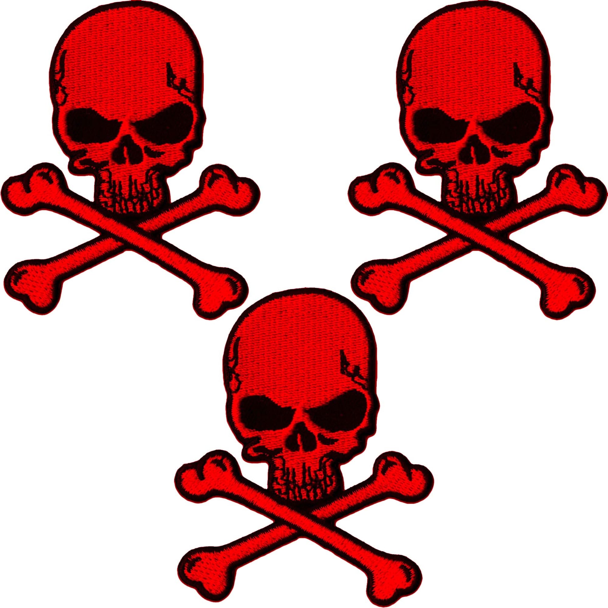 Three Skull and Crossbones Patches (3-Pack) Skull Embroidered Iron On Patch Appliques on a white background.