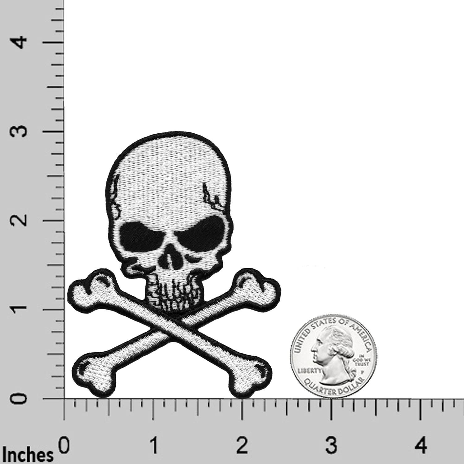 The Laughing Lizards Skull and Crossbones Patches (3-Pack) are embroidered iron-on appliques, each about 3 inches tall and wide—shown next to a U.S. quarter for size—perfect DIY craft accessories.