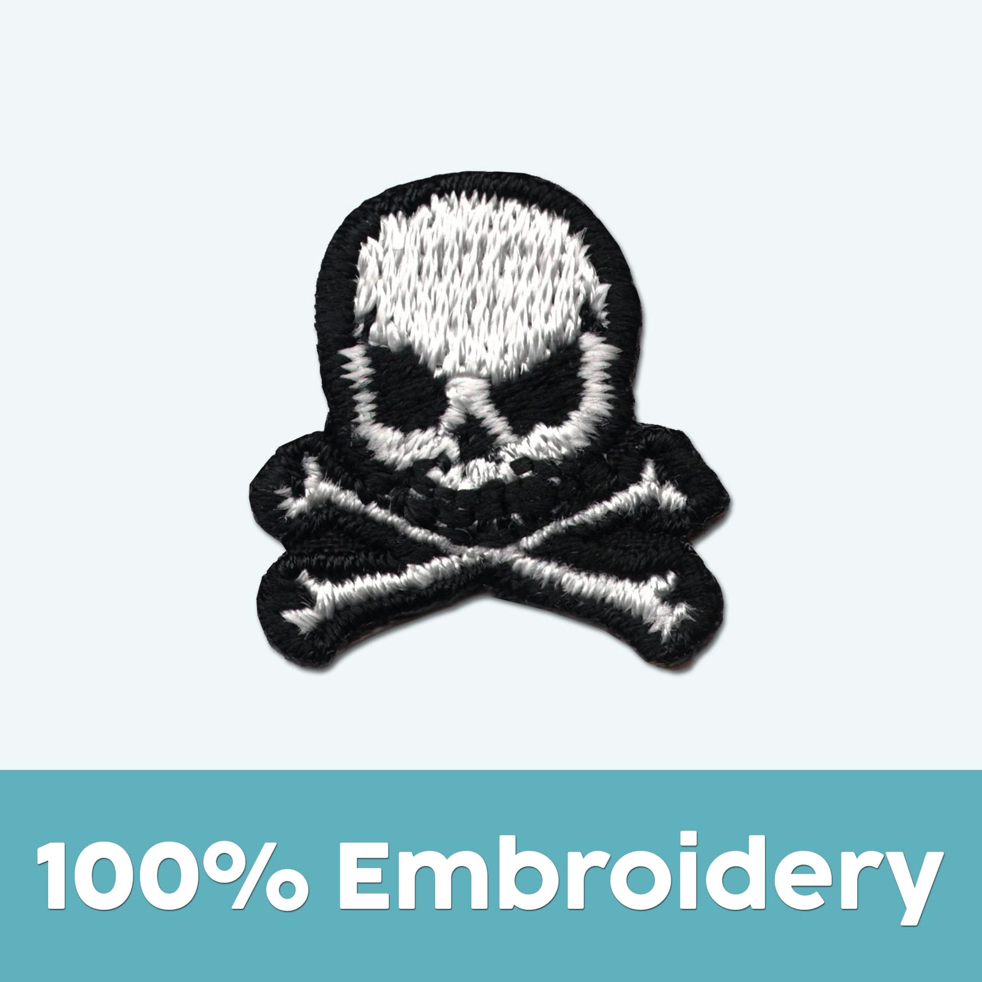 The Laughing Lizards Extra Small Skull (10 Pack) Halloween Embroidered Iron On Patch, featuring black and white skull and crossbones above "100% Embroidery" on light blue, is a unique DIY craft accessory.