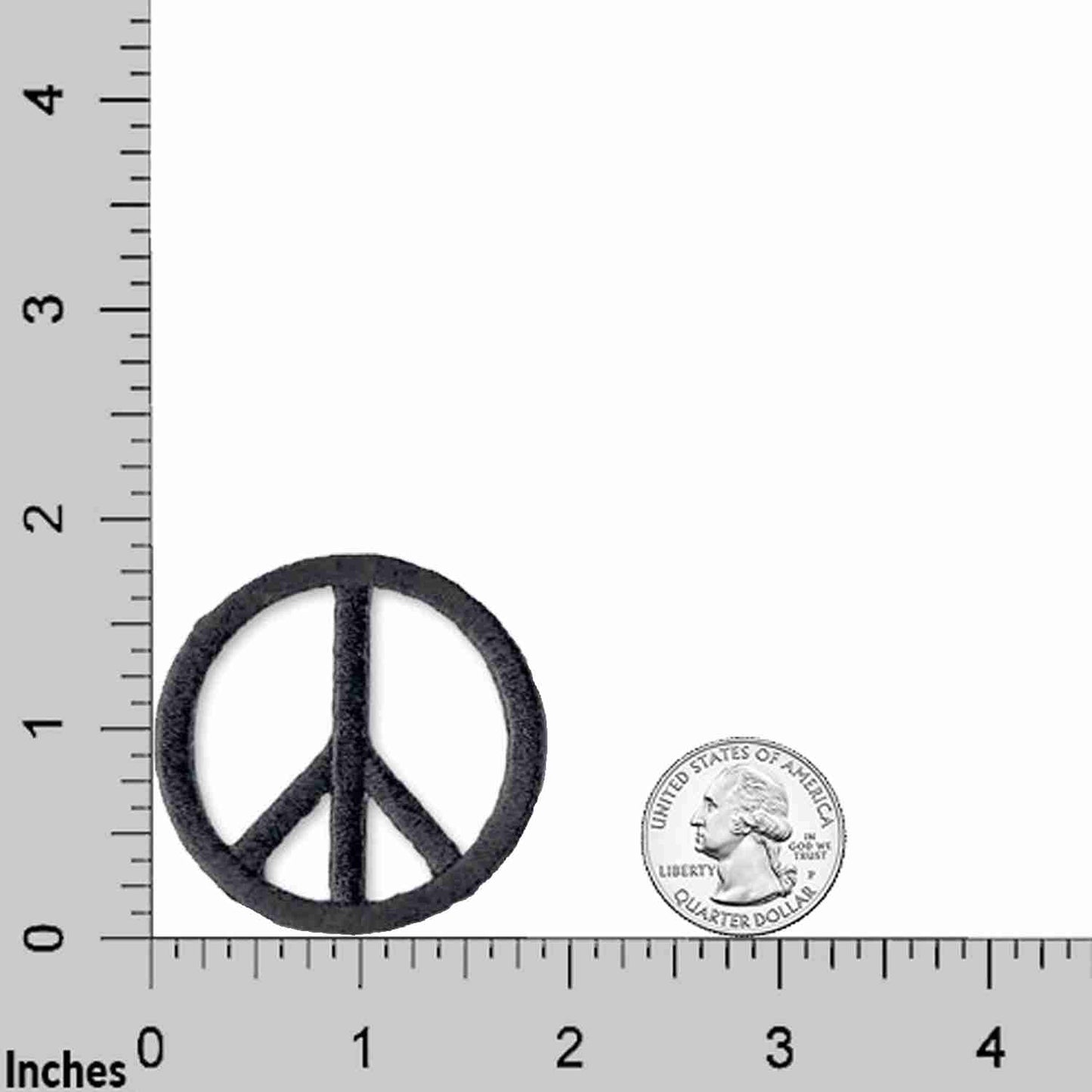 Peace Sign Patches (5 Pack) Symbol Embroidered Iron On Patch Appliques are shown next to a ruler.
