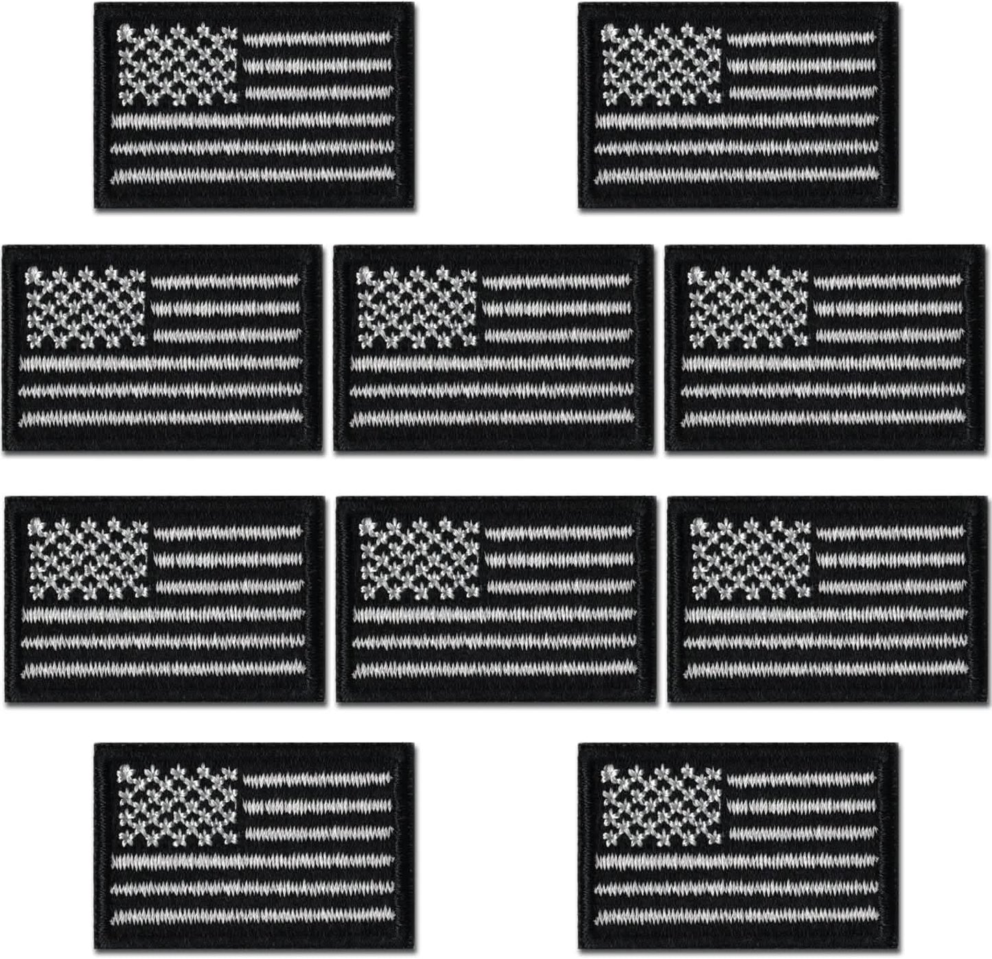 Ten Laughing Lizards Small American Flag Patches (1"x1.5" embroidered, 10-pack) are displayed on a white background, showcasing their bold patriotic USA flag design.