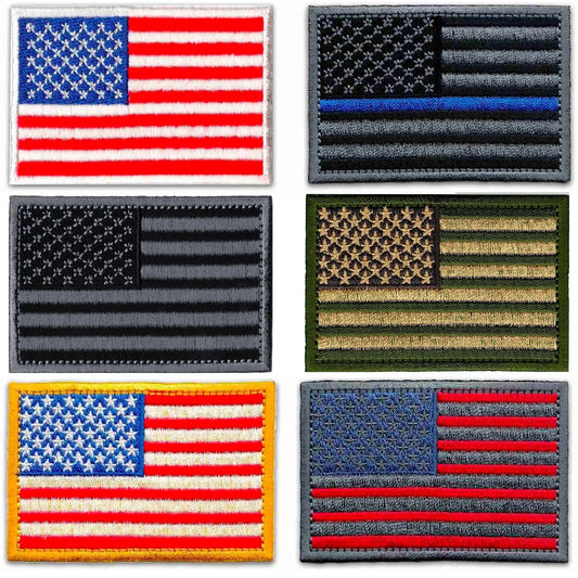 LaughingLizards USA Flag Patches (2-Pack) feature embroidered American flag iron-on appliques, ideal for DIY crafts or adding patriotic flair to bags and jackets.
