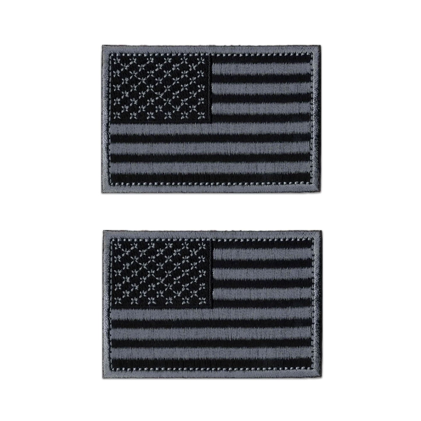 The LaughingLizards USA Flag Patches (2-Pack) features black and gray embroidered American flags with stars in the top left—perfect iron-on appliques for DIY craft projects.