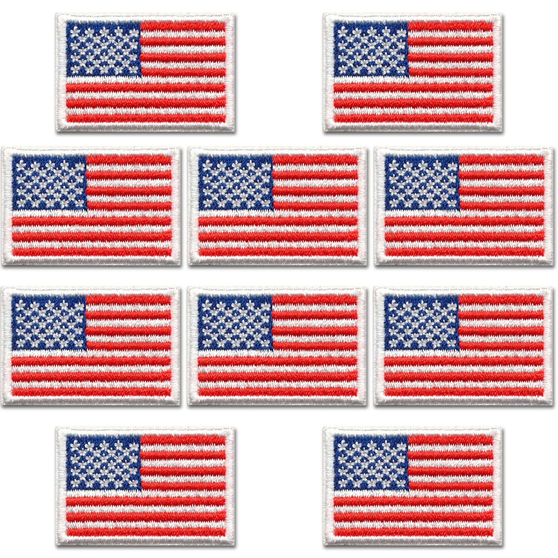 Ten Laughing Lizards Small American Flag Patches (10-Pack), each 1"x1.5", are arranged in a grid on a white background, highlighting their classic patriotic embroidered iron-on style.