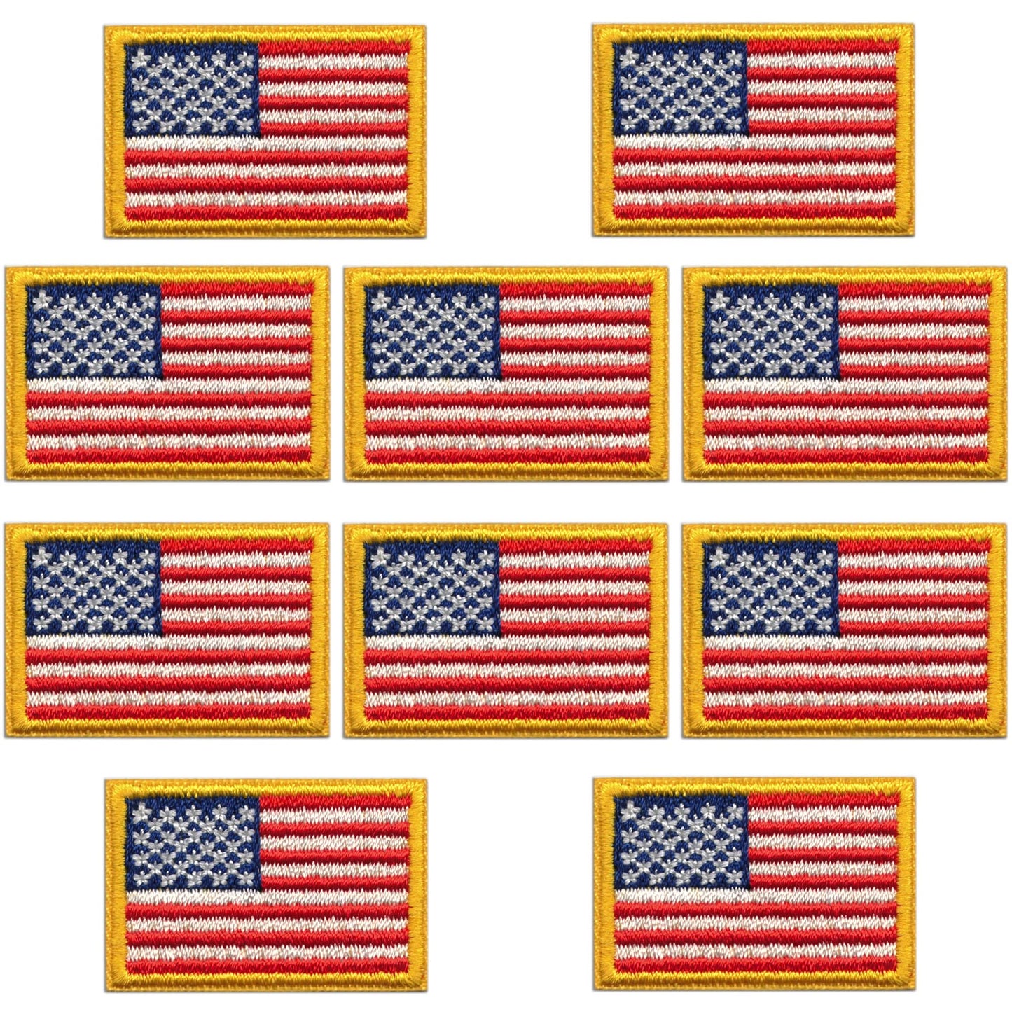 Ten Laughing Lizards Small American Flag Patches (10-Pack), each 1"x1.5", are arranged in a grid pattern on a white background. These embroidered USA flag iron-on patches show gold borders and patriotic style.
