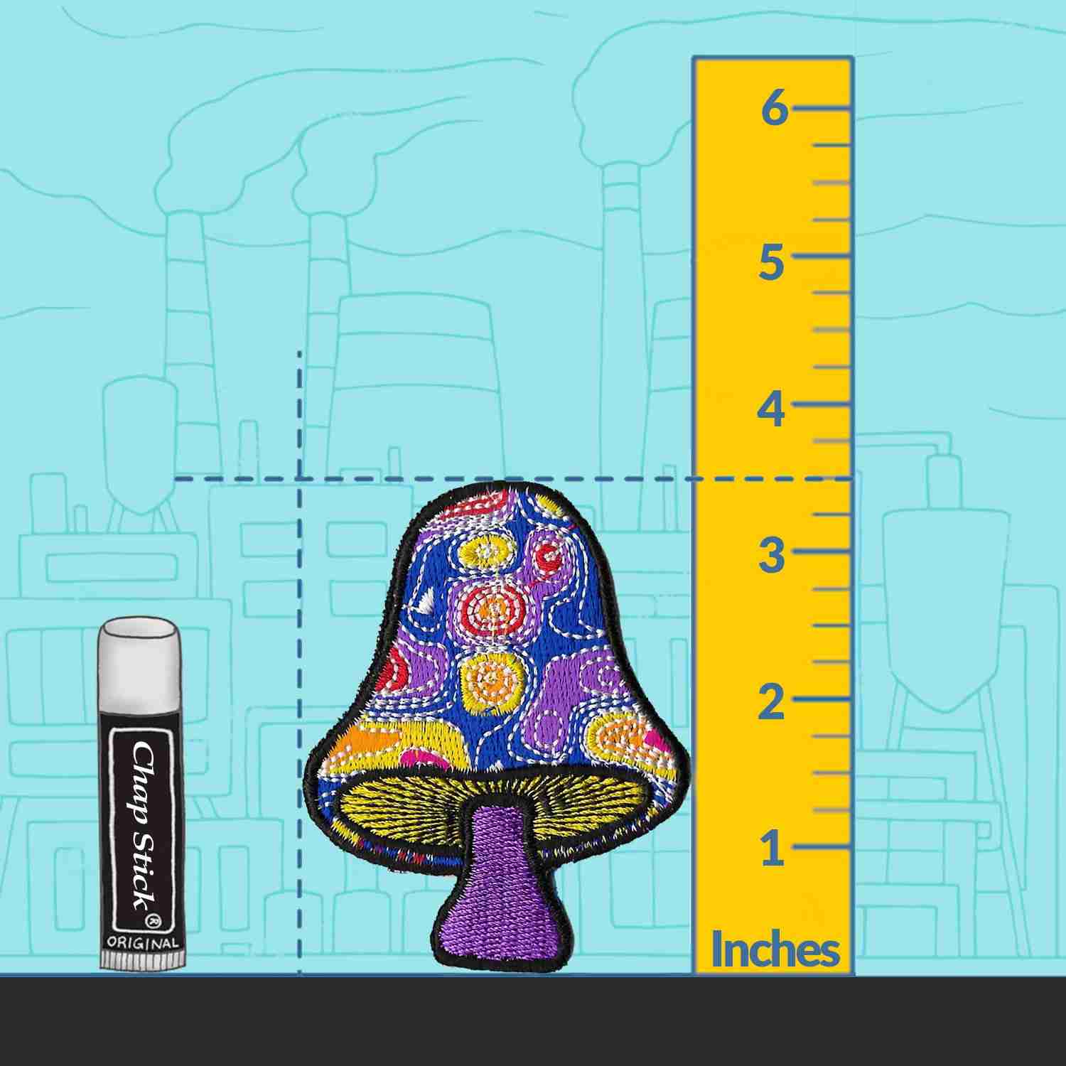 A Swirly Magical Mushroom Iron on Patch with a ruler next to it.