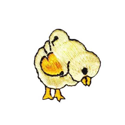 The LaughingLizards Chick Feeding (5-Pack) Farm Animal Iron On Patch features a yellow baby chick with orange feet and beak on a white background—ideal for Easter crafts or as a cute accent.