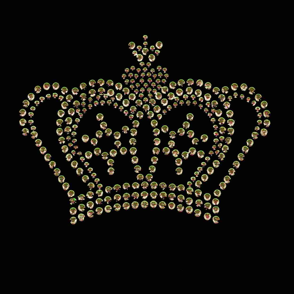 A Royal Gold Crown Rhinestud Iron On Applique with rhinestones on a black background.