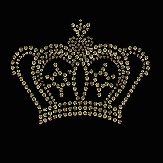 A Royal Gold Crown Rhinestud Iron On Applique with rhinestones on a black background.
