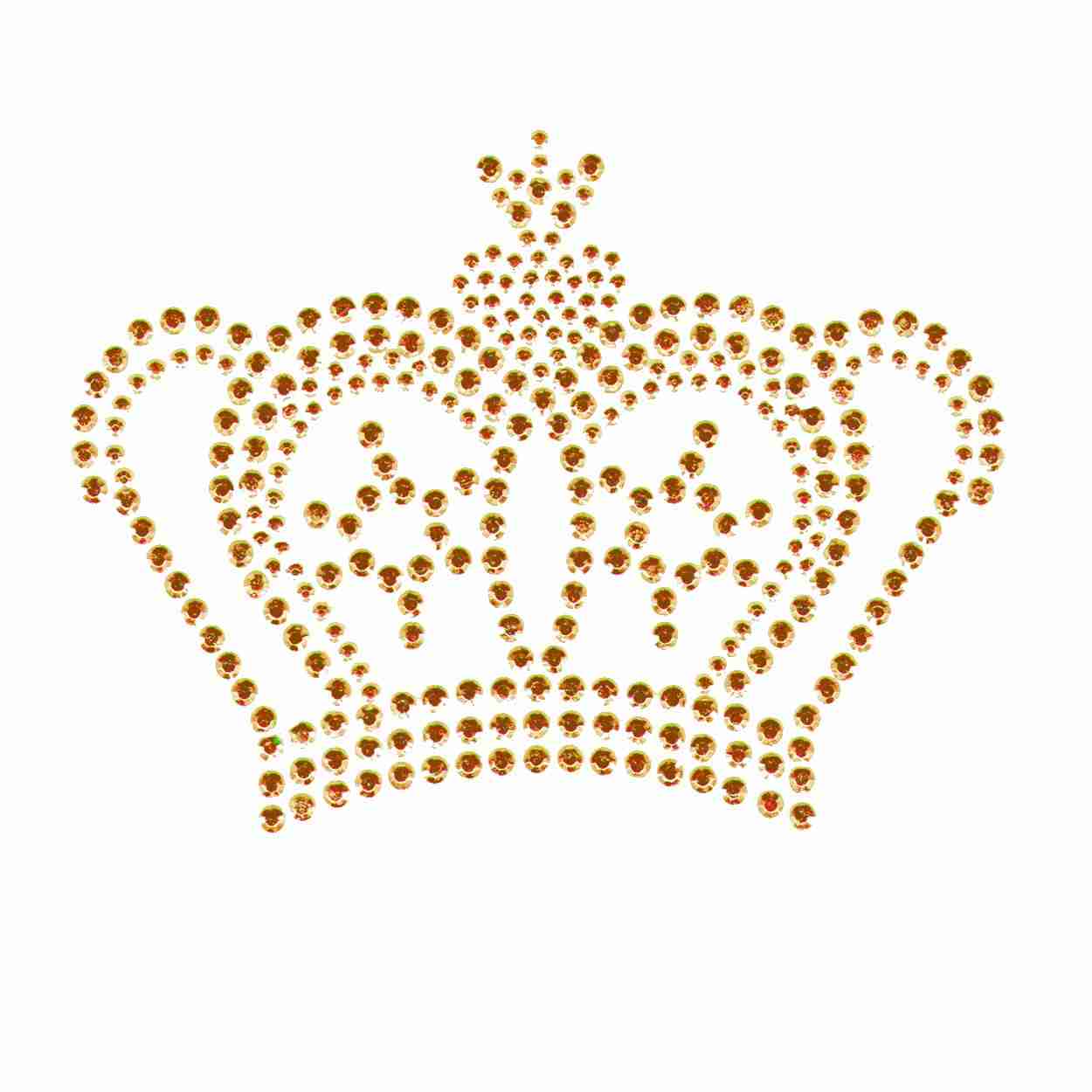 A Royal Gold Crown Rhinestud Iron On Applique with rhinestones on a white background.