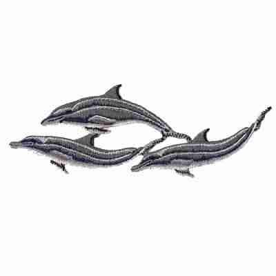 Three Trio of Grey Bottlenose Dolphins Iron On Patch embroidered on a white background.