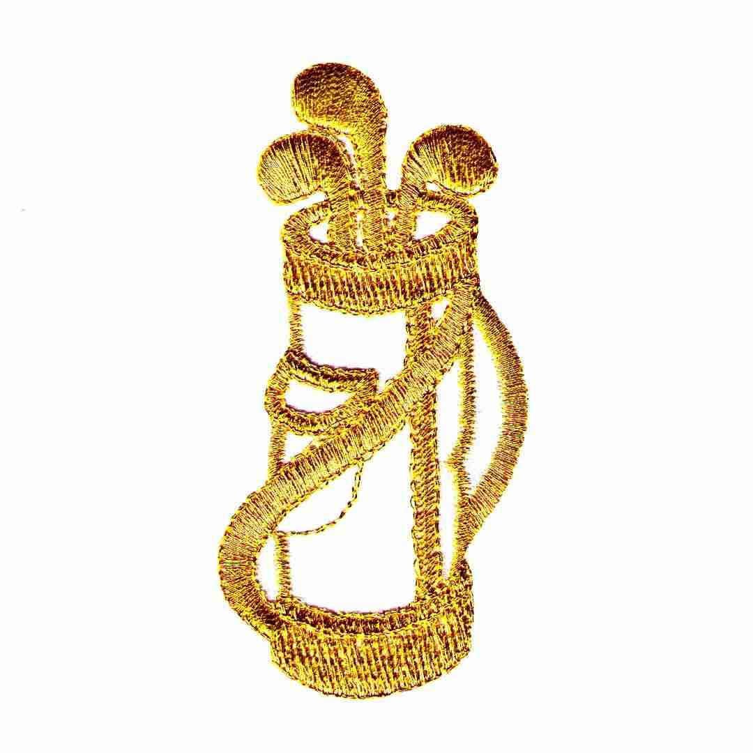A Metallic Golf Bag and Clubs (2-Pack) Iron On Patch: White/Gold on a white background.