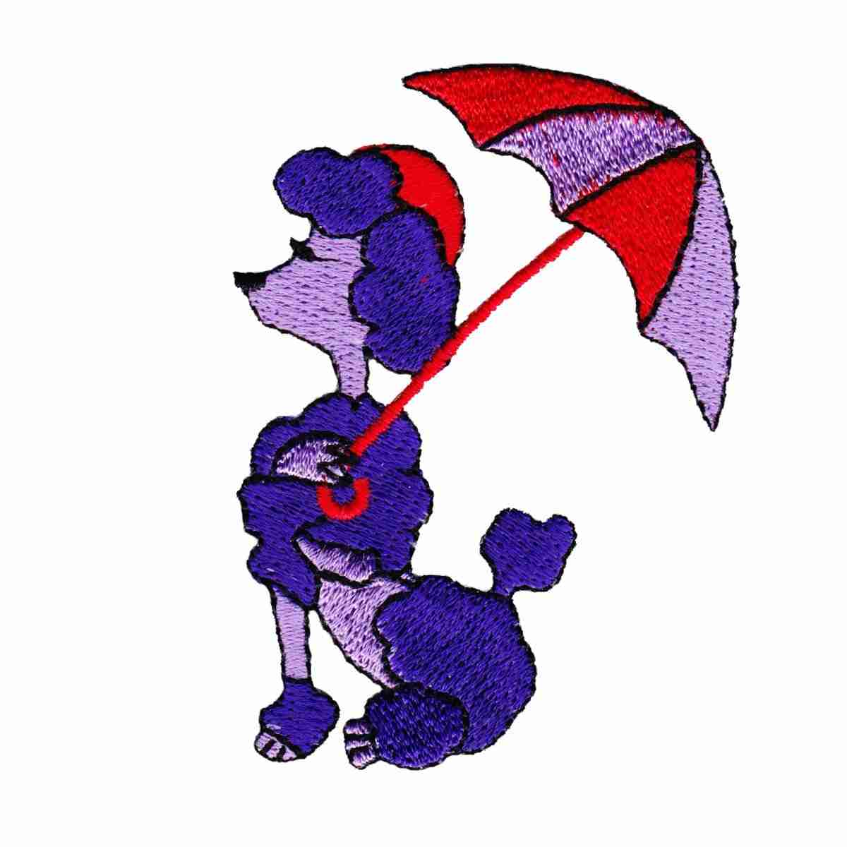 A Poodle Patches (2-Pack) Animal Embroidered Iron On Patch Appliques holding an umbrella.
