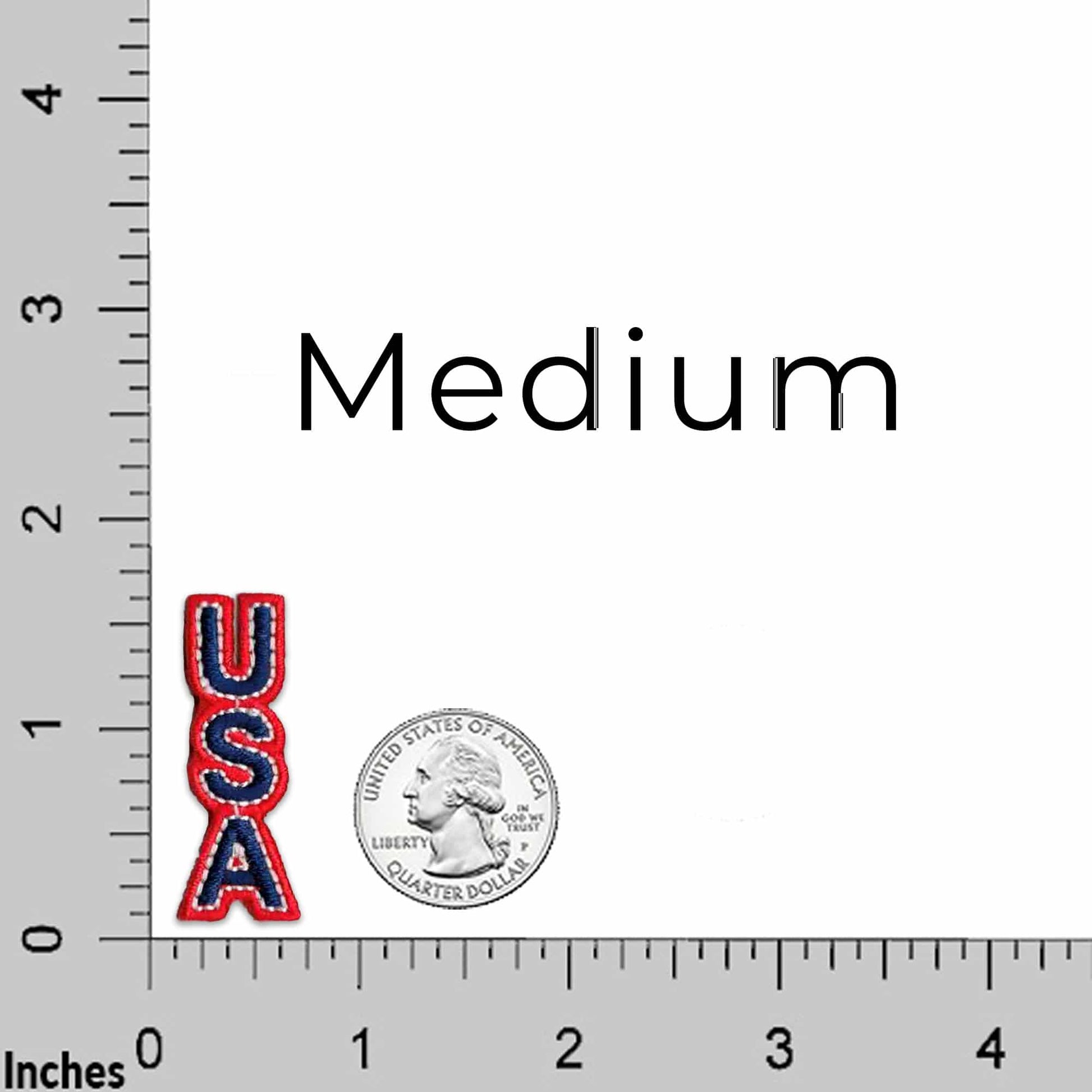 A Red 57 Chevy (2-Pack) Iron On Patch with the word medium next to it.