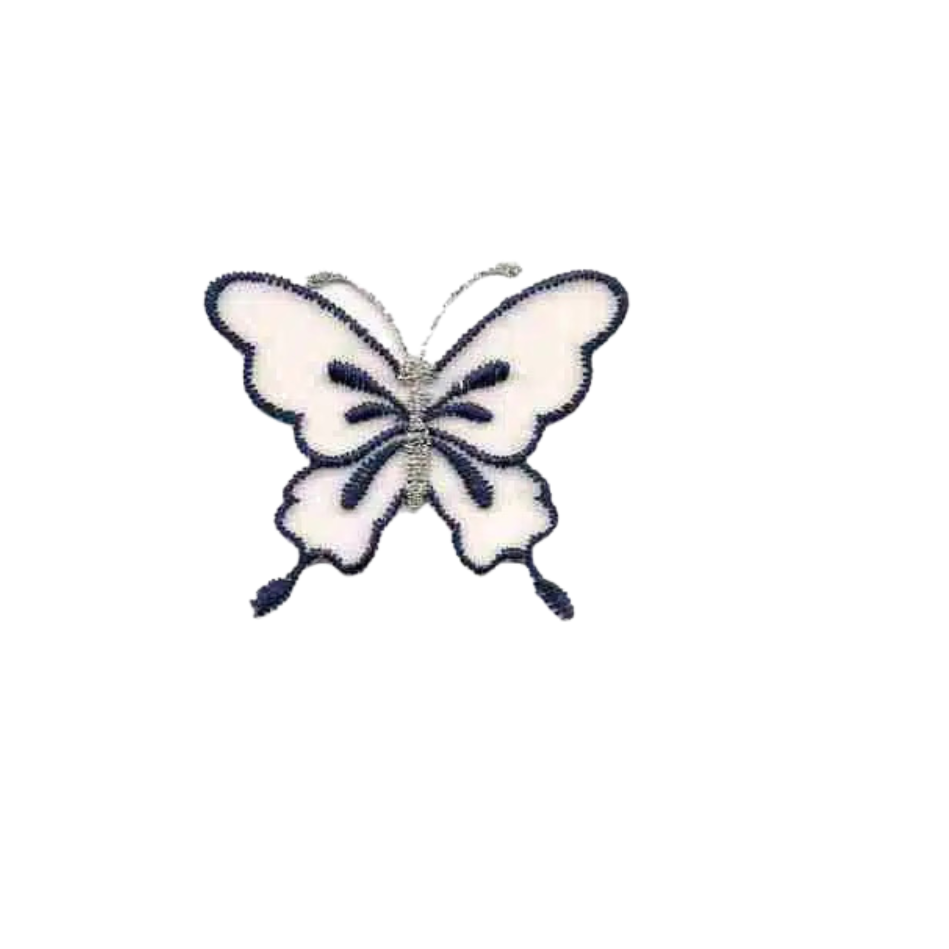 The Laughing Lizards White Chiffon w/Navy Trim Butterfly (3-Pack) Iron on Patch features white butterflies with navy scalloped edges and delicate antennae, shown on a plain white background.
