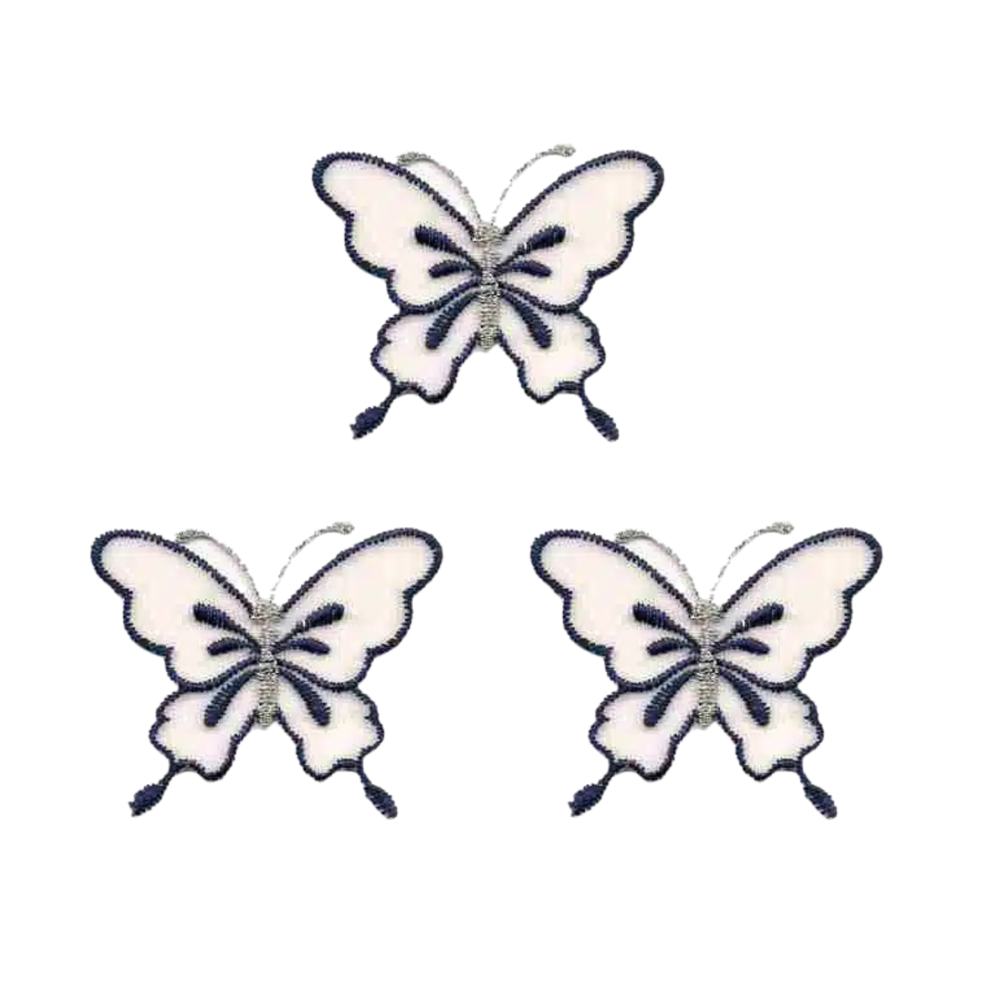 The Laughing Lizards White Chiffon w/Navy Trim Butterfly Iron on Patch 3-Pack features chic butterfly appliques, perfect for customizing your favorite pieces with elegant style.