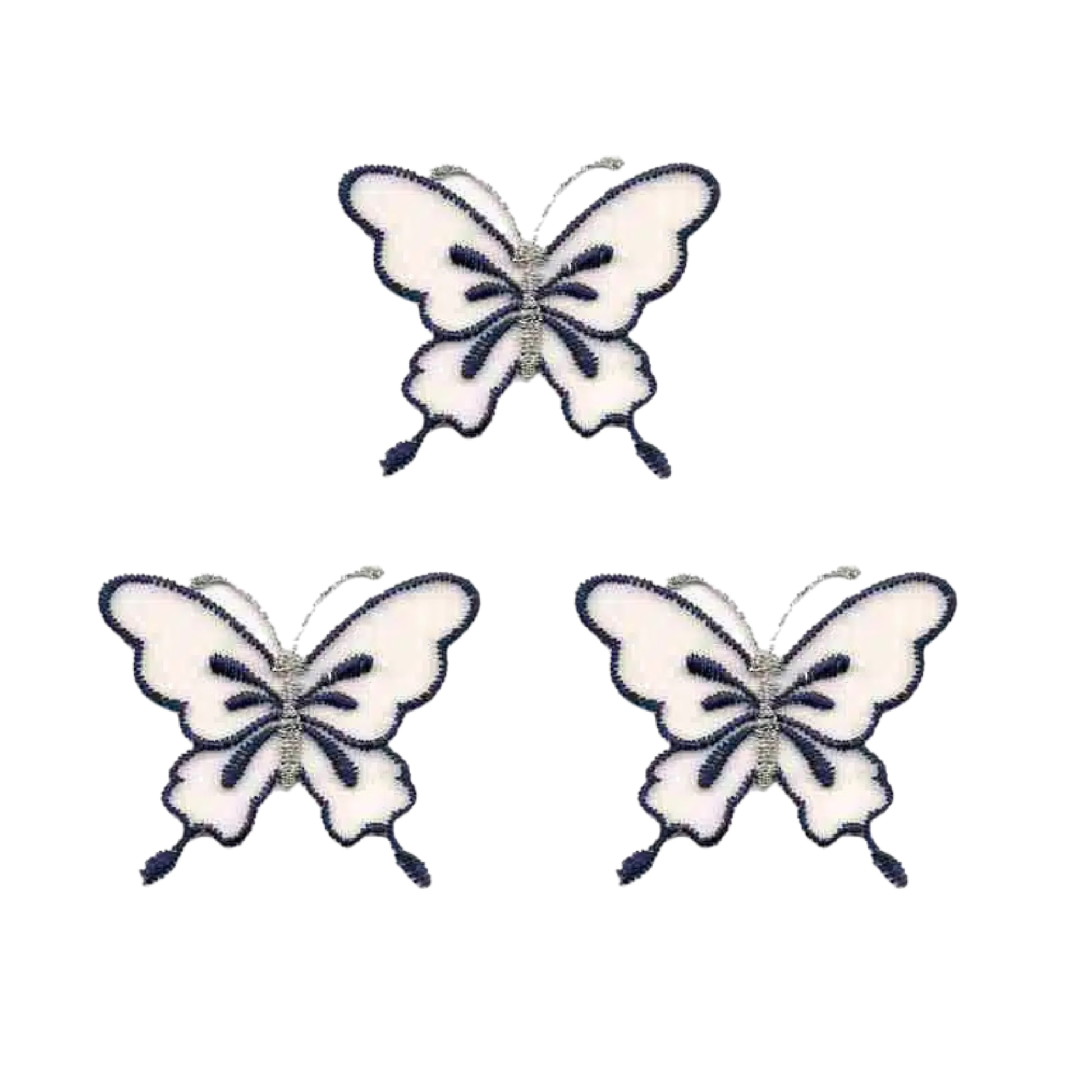 The Laughing Lizards White Chiffon w/Navy Trim Butterfly Iron on Patch 3-Pack features chic butterfly appliques, perfect for customizing your favorite pieces with elegant style.