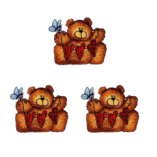 The Laughing Lizards Hearts Of Love Teddy Bear (3-Pack) Iron On Patch features three adorable teddy bears with red bows and a blue butterfly, ideal for cute appliques or decorative patches for your crafts.