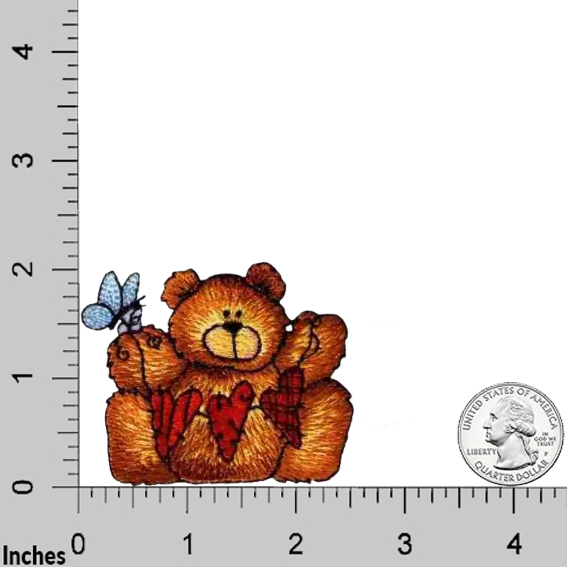 The Laughing Lizards Hearts Of Love Teddy Bear (3-Pack) Iron On Patch features a cute teddy bear and butterfly illustration, shown near a U.S. quarter and ruler for scale—ideal embroidered appliques for your creative projects.