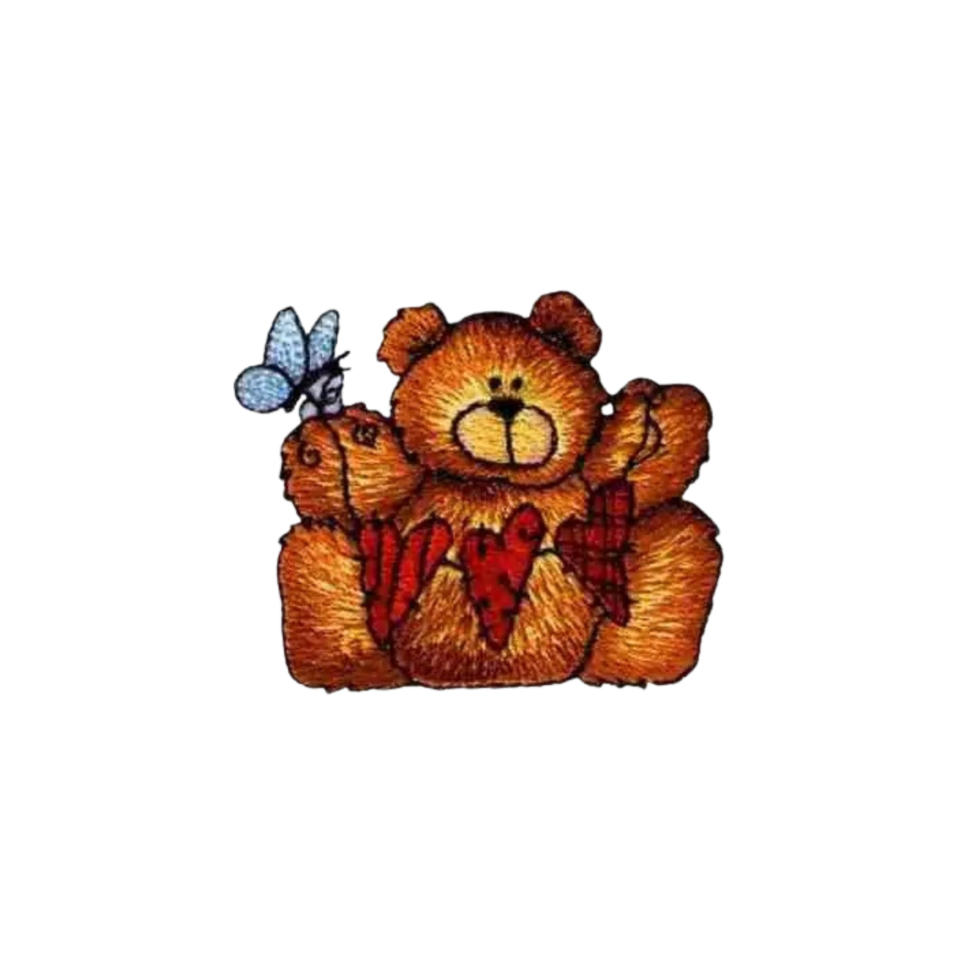 The Laughing Lizards Hearts Of Love Teddy Bear (3-Pack) Iron On Patch features adorable bears with a red heart and butterfly, perfect for adding cute embroidered style to your items.