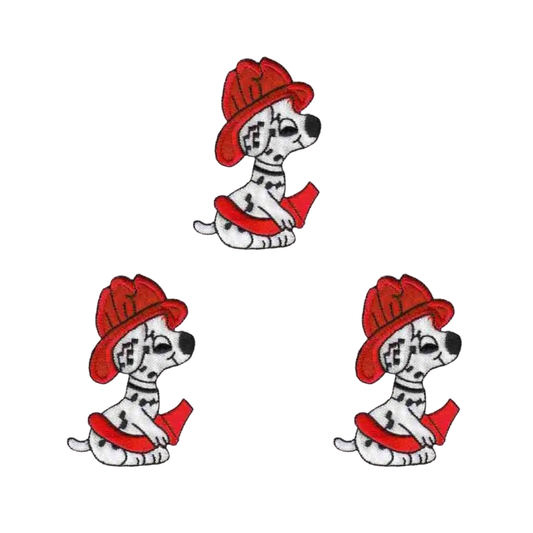 Three Fire Dept. Dalmatian Puppy Iron On Patches by Laughing Lizards—three identical designs of a Dalmatian puppy in a red firefighter hat with megaphone, arranged in a triangle; perfect for patches or creative projects.