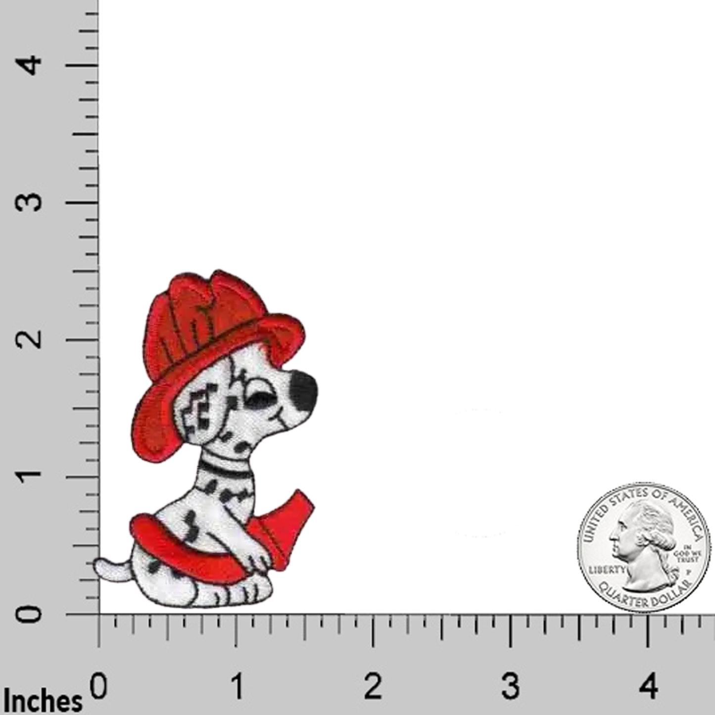 Showcase the Laughing Lizards Fire Dept. Dalmatian Puppy (3-Pack) Iron On Patch, featuring a cartoon Dalmatian in a red firefighter hat and vest, next to a U.S. quarter and ruler for size reference. Perfect embroidered dog patch design!.