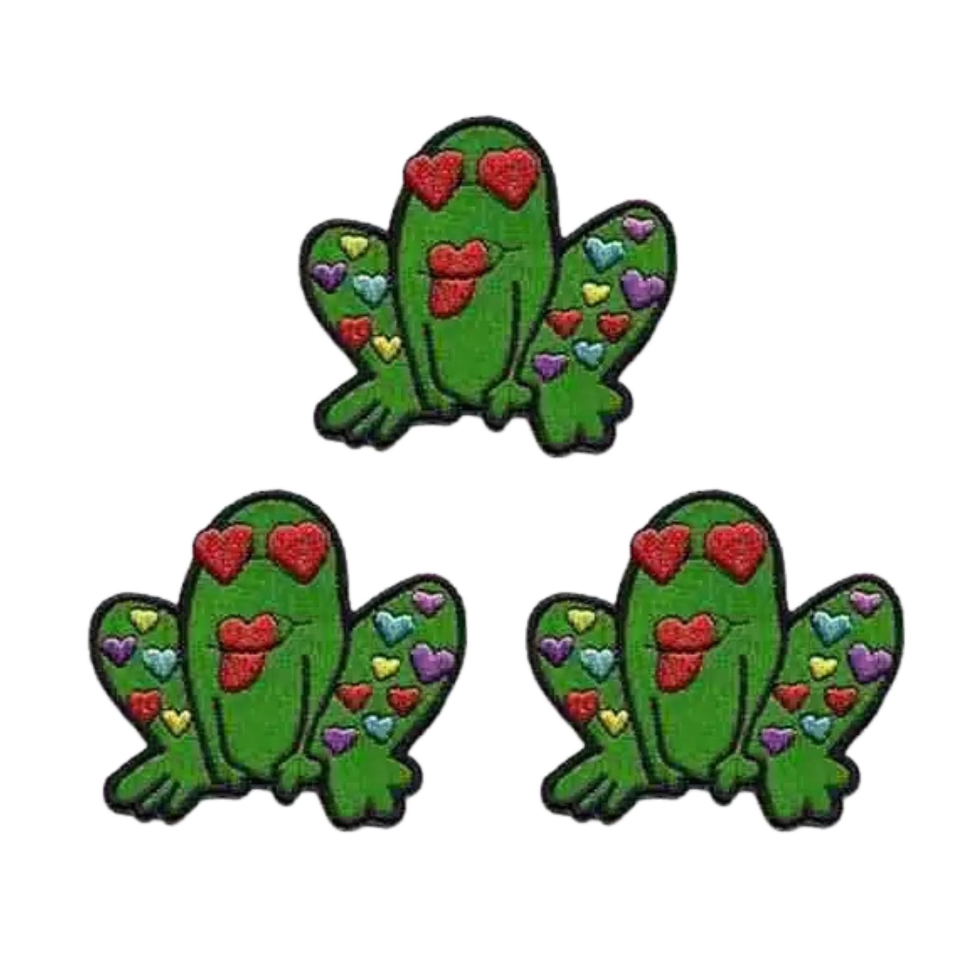 The Laughing Lizards Kissing Heart Frog (3-Pack) Iron on Patch features green frogs with red heart eyes and colorful hearts, perfect embroidered appliques for decorating kids’ clothes. Shown against a white background.
