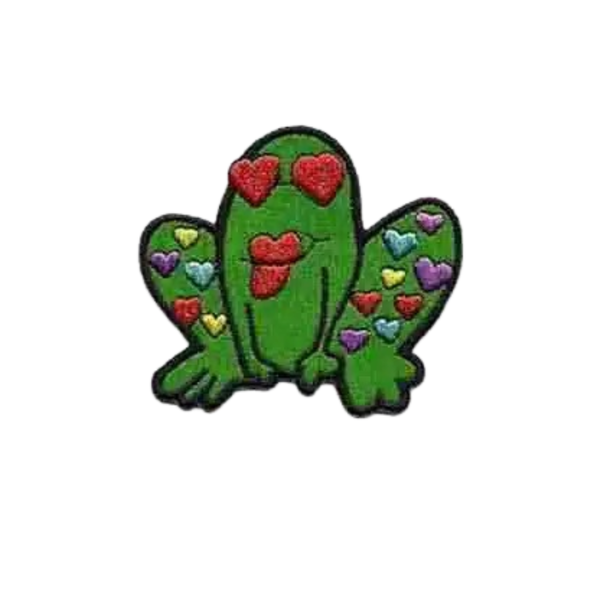 The Laughing Lizards Kissing Heart Frog Iron on Patch (3-Pack) features a green cartoon frog with heart-shaped eyes and colorful hearts, ideal for decorating kids’ clothes. Perfect embroidered applique for a fun look!.