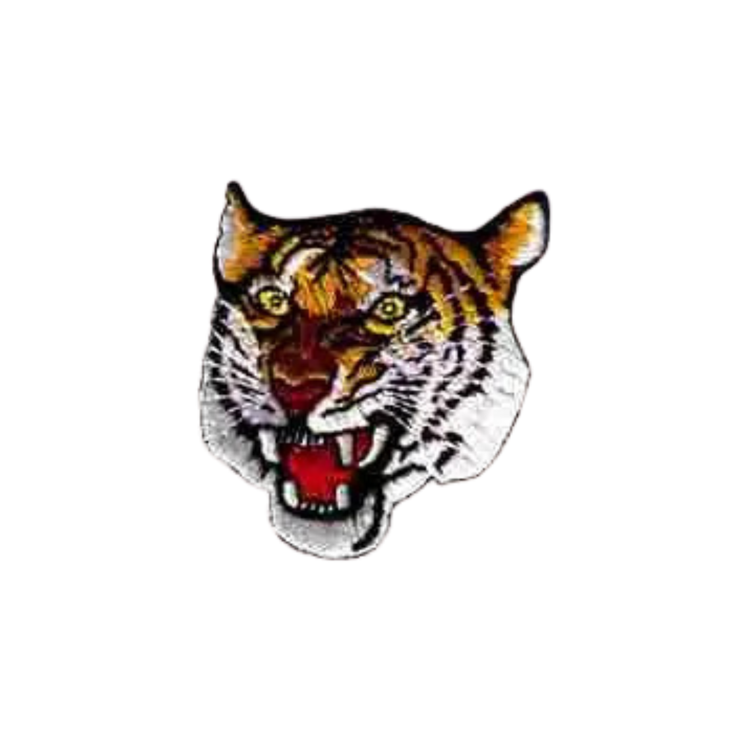 Tiger’s Ferocious Head (2-Pack) Iron On Patch by Laughing Lizards features an embroidered tiger head with yellow eyes and open mouth—perfect for DIY crafts or as an applique patch.