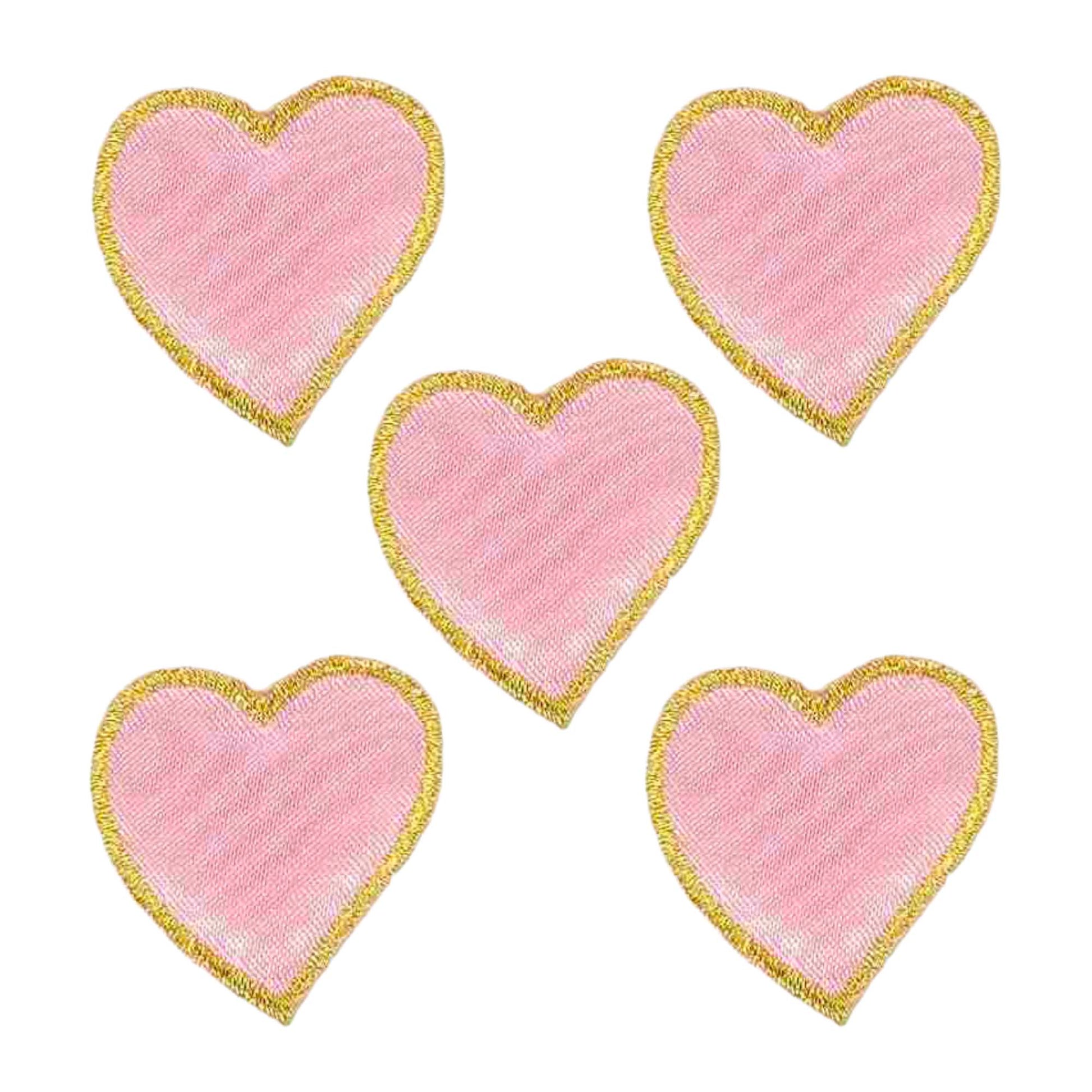 Four Pink Heart Patches (5-Pack) Heart Embroidered Iron on Patch Applique on a white background.