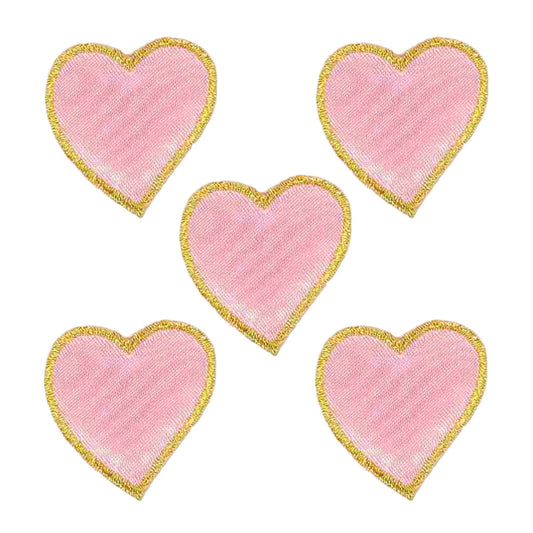 Four Pink Heart Patches (5-Pack) Heart Embroidered Iron on Patch Applique on a white background.